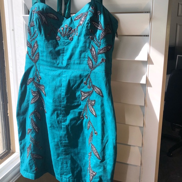 FREE PEOPLE DRESS TEAL GREEN W/ SILVER EMBROIDERY - Picture 4 of 8